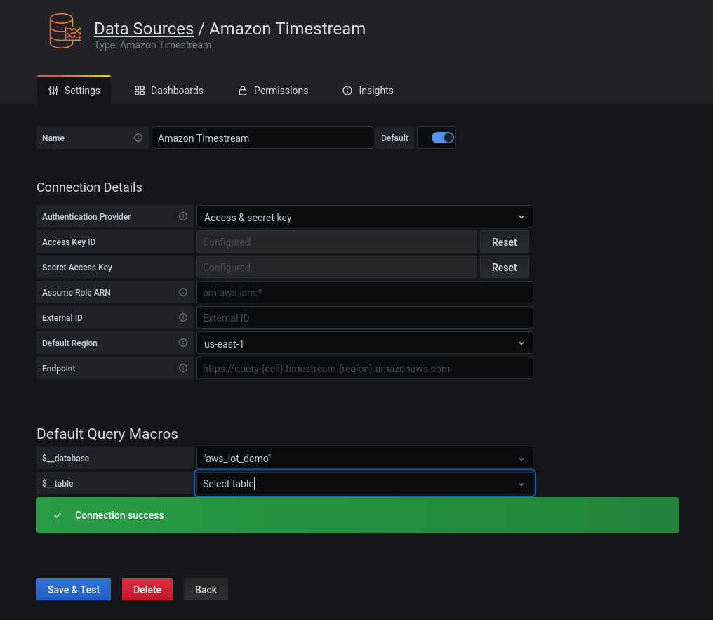 Grafana Timestream Settings